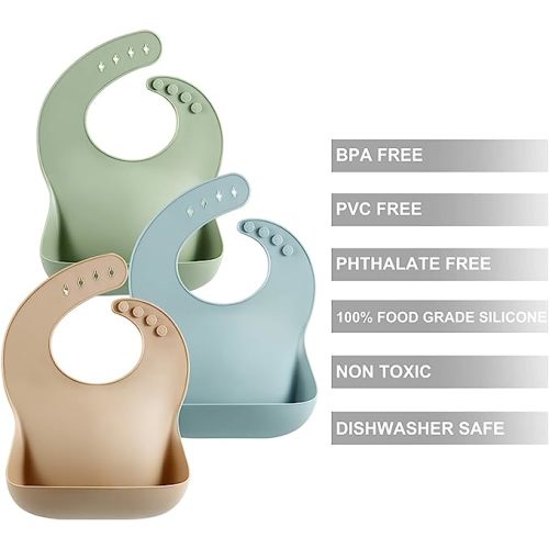 PandaEar Set of 3 Cute Silicone Baby Bibs for Babies & Toddlers (10-72 Months) Waterproof, Soft, Boys & Girls, Non Messy (Brown/Blue/Green)