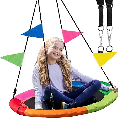 PlayVibe Tree Swing – 40 Inch Saucer Swing for Kids Outdoor – Round Disc Hanger with 900Lb Weight Capacity, 600D Oxford Waterproof Fabric Hanging Straps (Multicolor)