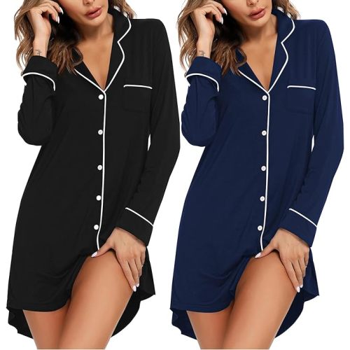 Ekouaer 2 Pack Nightgowns for Women Long Sleeve Night Shirt Button Down Sleep Shirt V-Neck Sleep Dress Pajama Sleepwear