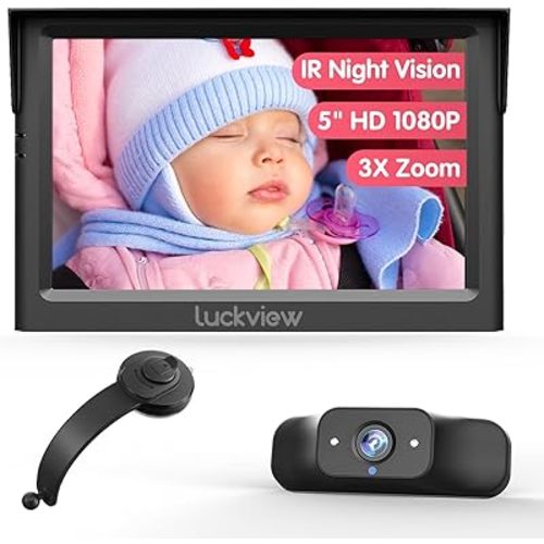 BM1 Baby Car Camera with Suction Cup Hanging Bracket, 5'' 1080P Monitor with IR Night Vision, 3X Zoom for Back Seat Rear Facing, 5 Mins Easy Installation