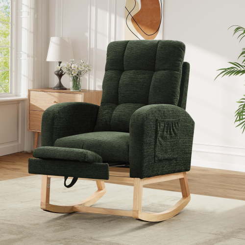 FFH Rocking Chair Nursery, Tufted Accent Rocker Chair, Upholstered Armchair with Adjustable Footrest, Side Pocket, High Backrest, Padded Seat, Polyester Blend (Retro, Dark Green)