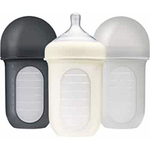 Boon Nursh Reusable Silicone Baby Bottles with Collapsible Silicone Pouch Design - Everyday Baby Essentials - Stage 2 Medium Flow Baby Bottles - Gray - 8 Oz - 3 Count