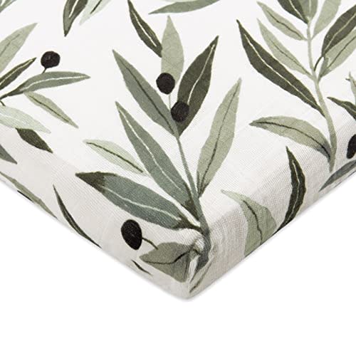 Babyletto 100% Organic Cotton All-Stages Midi Crib Sheet, GOTS-Certified, Fitted 360°, Ultra-Soft and Breathable Muslin - Olive Branches