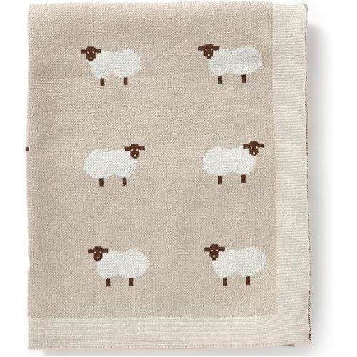 Hadetoto 100% Cotton Baby Blanket Knit Soft Cozy Swaddle Receiving Blankets Toddler Infant Blanket with Lovely Sheeps for Newborn Boy Girls - Khaki, 90 x 70cm