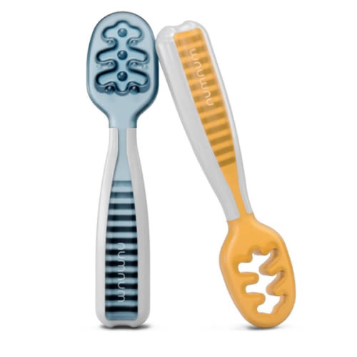 NumNum Baby Spoons Set, Baby Essentials Pre-Spoon GOOtensils for 6+ Months, First Stage Self-Feeding Spoons for Baby Led Weaning (BLW), Silicone Toddler Utensils, BPA-Free, 2 Pack Blue/Orange