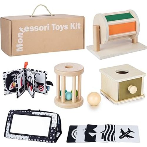 Montessori Toys for Babies 0-6 Months, 6 in 1 Learning Educational Set for for Newborn, Toddlers Gifts Includes Spinning Drum, Object Permanence Box, Baby Roller Tummy Time Mirror and More