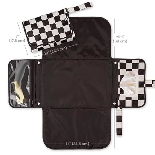 Tiny Twinkle Portable Diaper Changing Pad | Waterproof, Wipeable & Compact Baby Changing Pad for Travel | Smart Wipes Pocket & Organized Storage| Newborn Shower Gift (Black Checkers)
