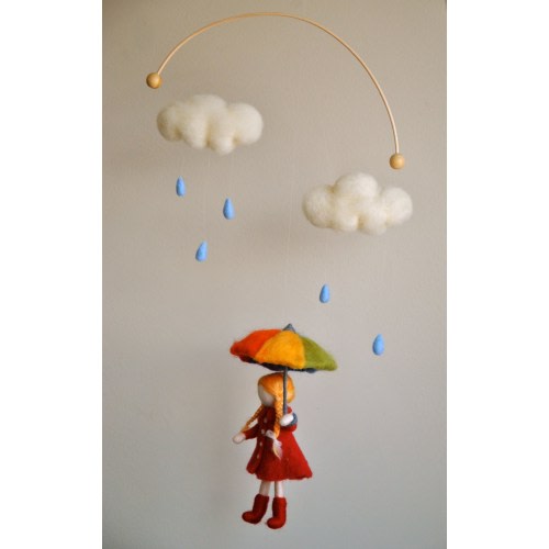 Children mobile Waldorf inspired needle felted girl with umbrella : It's raining