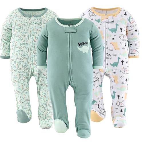 The Peanutshell Baby Sleepers for Boys Set of 3 - Soft Cotton Footed Pajamas for Newborns & Infants - Green Dino