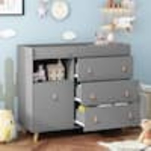 FUFU&GAGA Gray 4-Drawers 44.9 in. Width Changing Table, Kids Dresser, Nursery Storage Organizer with Shelf AMKF180079-04