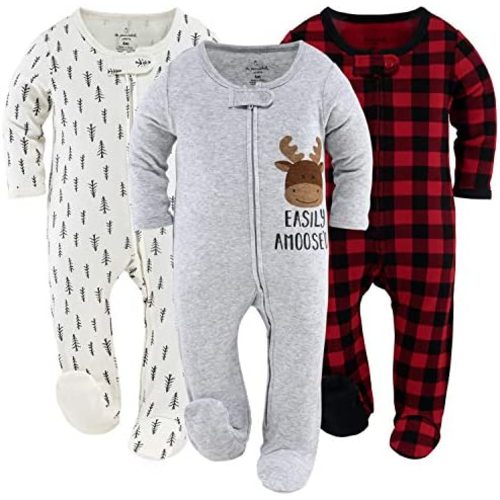 The Peanutshell Footed Baby Sleepers for Boys or Girls, Buffalo Plaid & Woodland, Newborn to 12 Month Sizes