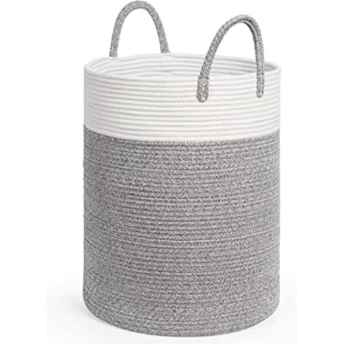 INDRESSME Tall Woven Rope Laundry Hamper, Nursery Laundry Basket for Clothes, Toys, Blankets, Baby Hamper for Living Room, Towel Basket for Bathroom, 15 x 20 inches, 57L, Grey