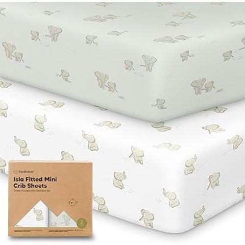 2-Pack Mini Cot Sheets Fitted - Bamboo Baby Cot Sheets Fitted for Pack N Play Mattress 97x66cm, Soft & Cozy, Neutral Toddler Playard Bedding, Snug Mini Baby Crib Mattress Cover Boy, Girl (Elly)