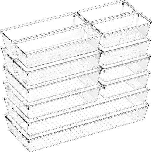 Criusia 14 PCS Clear Plastic Drawer Organizer Set - 5 Large Size Versatile Kitchen and Bathroom Organizer Trays, Non-Slip Storage Bins for Makeup, Utensils, Tool and Office Desk