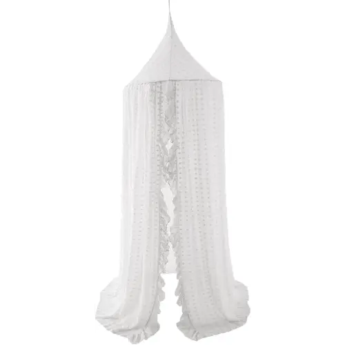 Wonder Space Elegant Kids Bed Canopy - Lace Chiffon Netting with Pom Pom, Princess Girls Fairy Dream Tent, Nursery Room Baby Crib Hanging Curtain Mosquito Net Children Reading Nook Decoration (White)