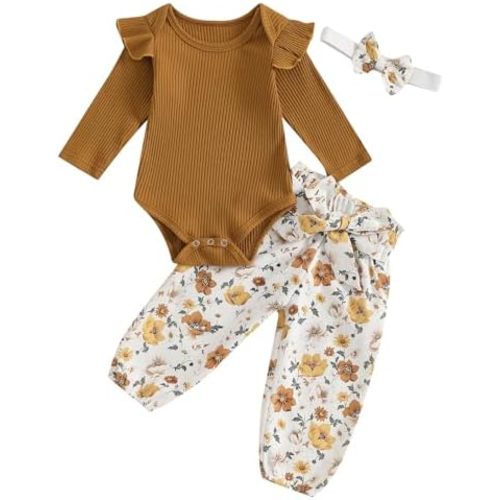 Baby Girl Fall Outfits Long Sleeve Ruffled Ribbed Knit Romper Daisy Print Pants Winter Clothes 3 6 9 12 18 Months