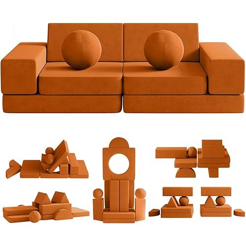 Kids Couch, 12PCS Toddler Couch with 2 Balls and Tunnel, Modular Kids Couch for Playroom, Kids Play Couch for Kickball Game, Pitching Game, 30+ Creative Gameplay Couch for Kids (Light Brown)