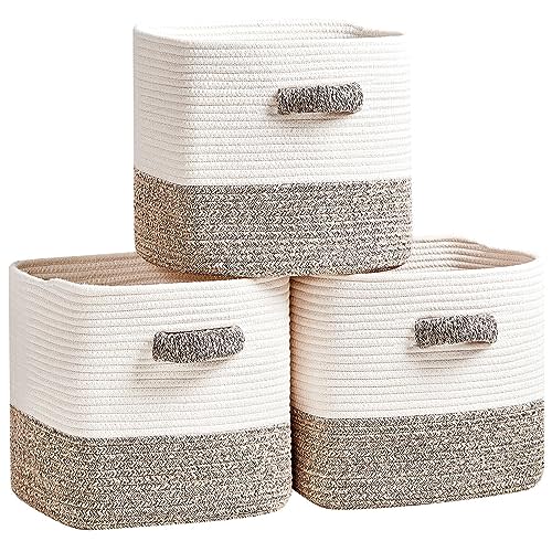 R RUNKA Storage Cube Baskets for Organizing-3 Pack -11 inch Square Baskets for Cube Storage, Closet Storage Bins- Woven Cube Storage Bins for Shelves- Cube Drawer-Ideal for Toy Storage |White & Beige