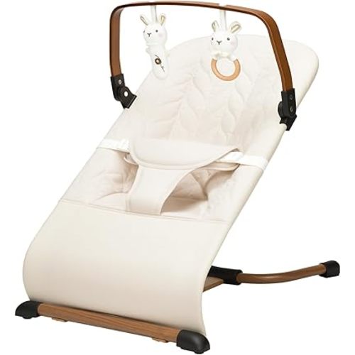 Portable Baby Bouncer, Bouncer Seat for Babies 0-12 Months, 3 Recline Positions, Foldable Baby Rocker Chair with Removable Wooden Bar, Beige