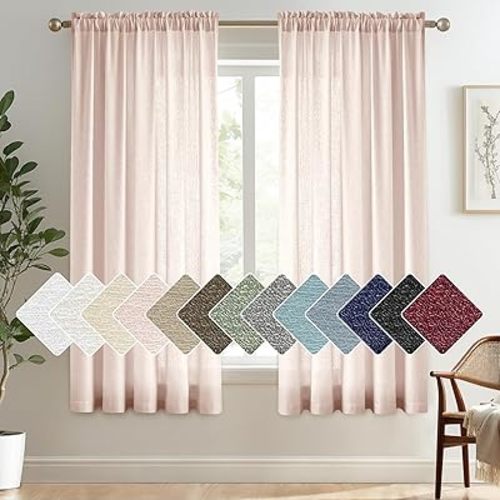 Melodieux Light Pink Semi Sheer Curtains 54 Inches Long, Bedroom Short Sheer Curtains, Faux Linen Farmhouse Light Filtering Rod Pocket Shiny Sheer Drapes Home Office, 52" W x 54" L, 2 Panels