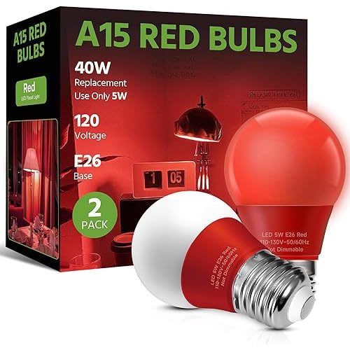 LED Red Light Bulb, 40 Watt Equivalent LED A15 Bulb, 5 Watt Red Color Light E26 Medium Bulb for Halloween, Christmas Decoration, Party, Bars, Porch Lights, Holiday Mood Lighting, Pack of 2