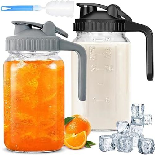 32 OZ Glass Jug with Lid, Double Leak Proof Thickened Glass Pitcher with PourSpout Handle, 1 Quart Wide Mouth Breast Milk Pitcher for Fridge, Creamer Container for Coffee, Sun Tea, Juice (2PCS)