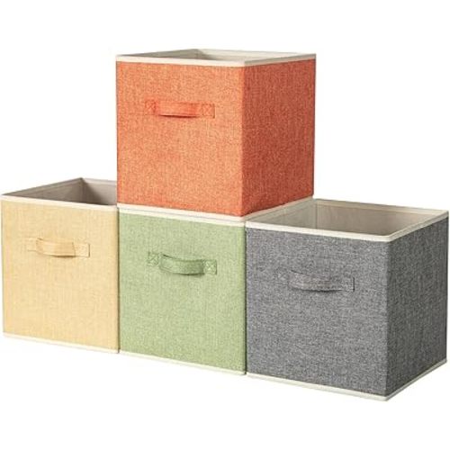 Storage Cube Organizer Bin 10.5" x 10.5" x 11" Large Boxes Fabric Basket with Handles for Organizing Shelves Closet Clothes 4 Color Set A