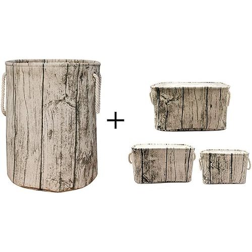 Stylish Tree Stump Shape Design Cylindric Laundry Hamper and Set of 3 Tree Stump Design Rectangular Storage Baskets