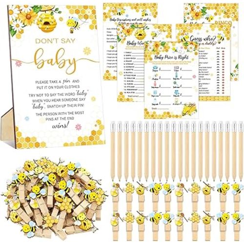 Patelai 321 Pcs Baby Shower Games Supplies, 5 Sets (50 Cards Each) Activities Cards with 20 Pencils 1 Don't Say Baby Sign 50 Clothespin(Bee)