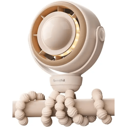 SWEETFULL Baby Stroller Fan - 4000mAh Rechargeable 4-Speed Quiet with LED Display & Night Light, Mini Portable 360° Clip On Safe Fan for Car Seat, Crib, Travel - Brown