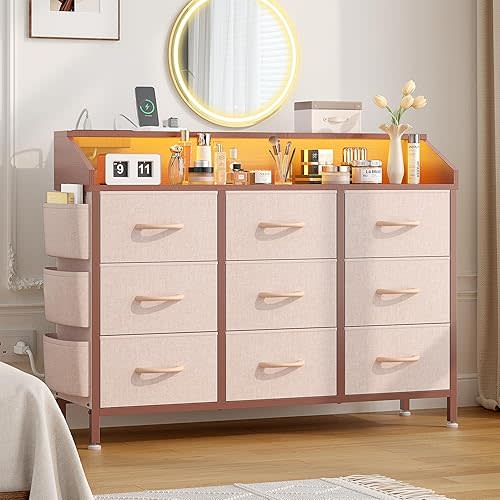 Lulive Dresser for Bedroom with 9 Drawers - Chest of Drawers for Bedroom with LED Light & Charging Station - Kids Adults Chest of Drawers for Living Room Hallway Closet Nursery (Pink)