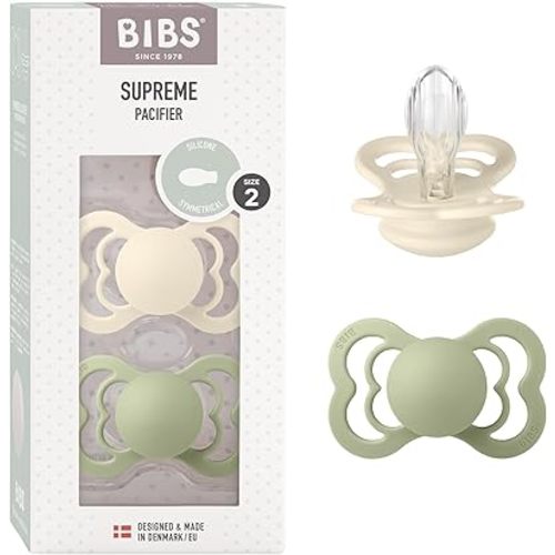 BIBS Pacifiers - Supreme Collection | Symmetrical Nipple | Silicone | Made in Denmark | Set of 2 Ivory/Sage Color Premium Soothers | Size 6-18 Months
