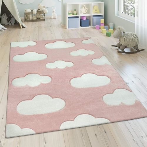 Modern Kids Rug with Clouds in Pink Pastel for Nursery, Size: 4'7" x 6'7"