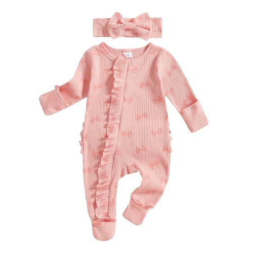 citgeett Baby Girl Newborn Clothes Fall Winter Hospital Coming Home Outfit Bow Long Sleeve Romper Zipper Onesie Jumpsuit