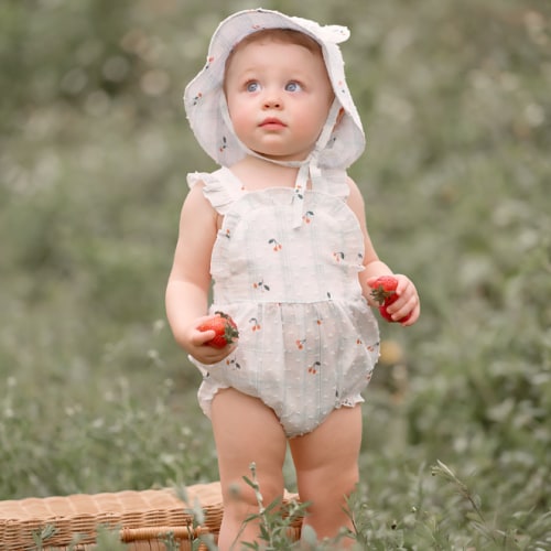 Strawberry Picnic Swiss Dot Sunsuit – Elegant Baby