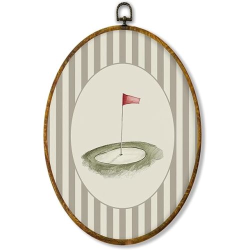 shiviody Vintage Golf Flag Nursery Canvas Wall Art Decor, Neutral Striped Nursery Decor, Sports Themed Oval Hanging Frame Prints Decorations for Home Kids Toddler Room Bedroom Playroom 8.6"x11.4"