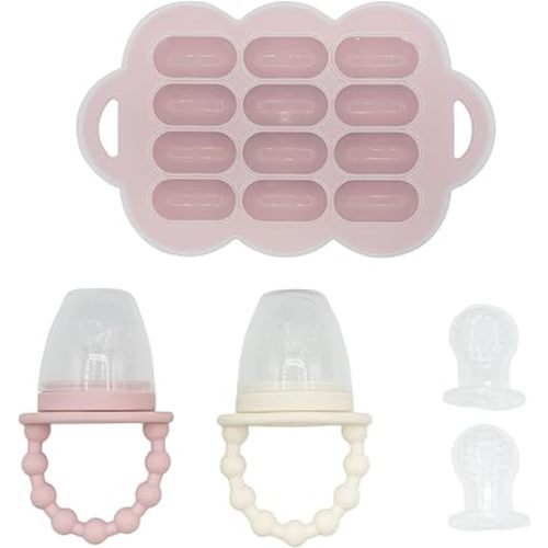 WeeSprout Silicone Baby Food Feeders + Freezer Tray for Batch Prep, Set of 2, Introduce New Foods Safely, Double as Teething Toys, Includes 2 Extra Pouches & Travel Lids, Dishwasher Safe