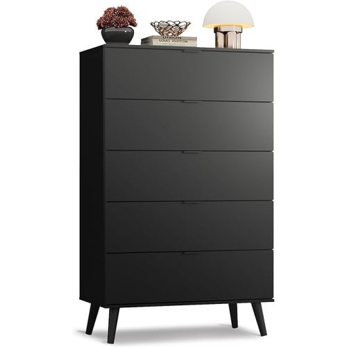 WLIVE 5 Drawer Dresser for Bedroom, Tall Wood Dresser, Black Dressers Storage Organizer with Sturdy Metal Handle, Chest of Drawers for Living Room, Hallway, Closet