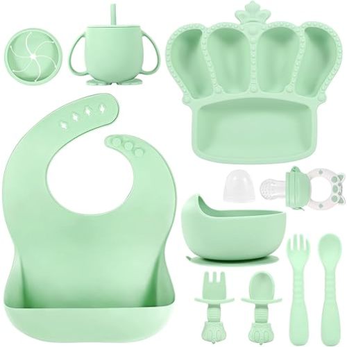 BXLL 10 Pcs Green Silicone Baby Feeding Set - Baby Led Weaning Supplies with Suction Bowl, Divided Plate, Bibs, Fruit Feeder, Pacifier, Spoons, Forks, Sippy Cup & Snack Cup