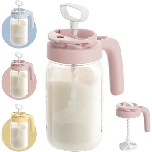 Papablic Glass Breastmilk Pitcher, Fast Baby Formula Maker with Mixing Handle Lid, Wide Mouth Mason Jar Breast Milk Storage Container with Flip-Lock Spout, BPA-Free, Pink.