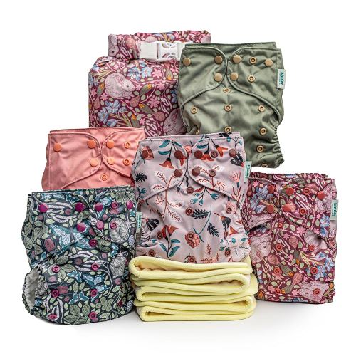 Kinder Cloth Diapers Set of 5 Reusable Baby Diapers Pocket Style Athletic Wicking Jersey, Bamboo Viscose Inserts, Wet Bag, Newborn to Potty Training 7-60lbs, One Size (Garden Party)