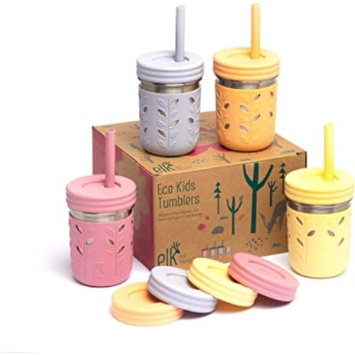 Elk and Friends Stainless Steel Cups | 10 oz Mason Jar design | Kids & Toddler Cups with Silicone Sleeves & Straws with Stopper | Smoothie Cups