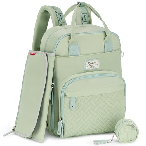 RUVALINO Diaper Bag Backpack, Multifunction Travel Pack Maternity Baby Changing Bags, Large Capacity, Waterproof, Light Green