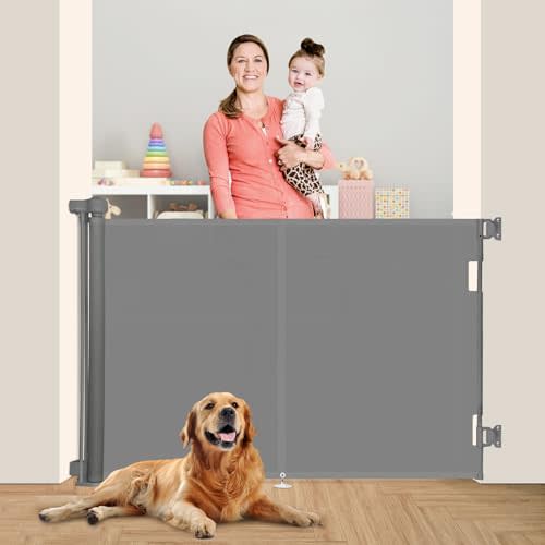 Upgraded 59" Retractable Baby Gates with Reinforced Strip Design to Prevent Crawling Through, 42" Extra Tall Retractable Gates, 5 FT Retractable Dog Gate for Stairs, Doorways, Hallways