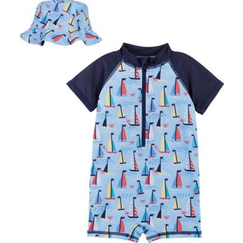 One-Piece Rashguard Swimsuit & Hat Set