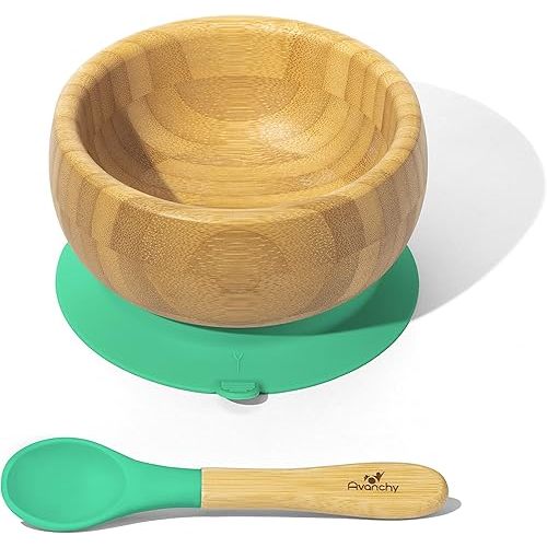 Avanchy Baby Bowls with Suction. Food Set for Babies Kids Toddler Boys Girl + Travel Baby Silicone Spoon. Fits Feeding High Chair Table, Green
