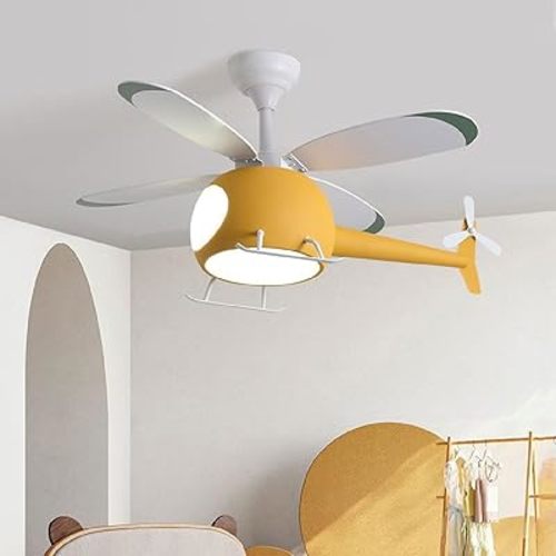 42 inch Children's Bedroom Helicopter Ceiling Fan with Lights,Remote Control Speed,6-Speed Adjustment,Control Timing,Winter& Summer Positive & Negative 40W,Yellow