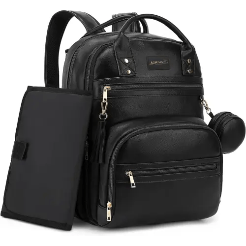 Vegan Leather Diaper Bag Backpack for Boy Girl with Changing Pad and Pacifier Case, Waterproof, Travel Baby Bag Backpack for Mom Dad, Perfect Baby Shower Gifts, Black