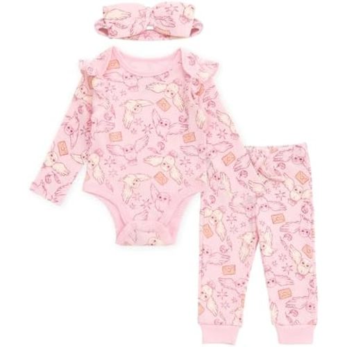 Harry Potter Baby Girls Ribbed Bodysuit, Jogger Pants & Headband 3 Piece Outfit Set Newborn to Infant Sizes (0-24 Months)