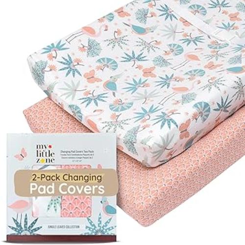 Baby Changing Pad Covers Table Sheet 32"x16", 8"Deep Pocket - Diaper Changing Pad Cover, 100% Cotton Jungle Leaves & Flamingo Sheets 2 Pack, Flamingo Baby Sheets, Designed in France, White-Coral Pink